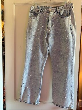 RareRaw Size Small Pearl Embellished Light Wash Wide Leg Jeans